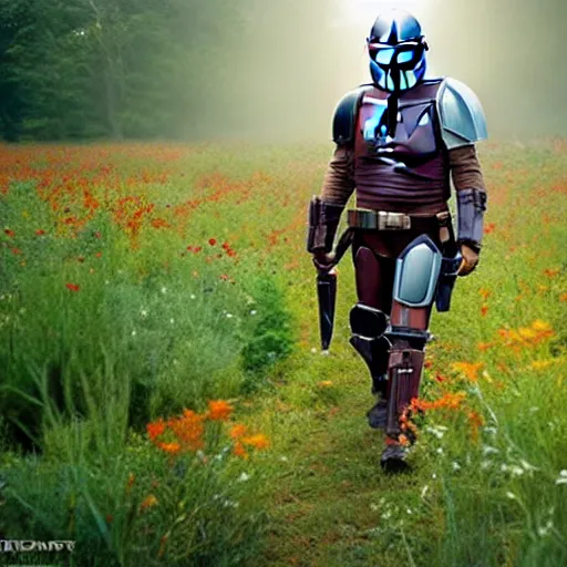 Image similar to mandalorian skipping through field of wildflowers, stunning cinematography, light diffusion