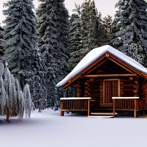 Prompt: a photo of a wooden cabin in the middle of the woods, winter, hyper realistic, 4k