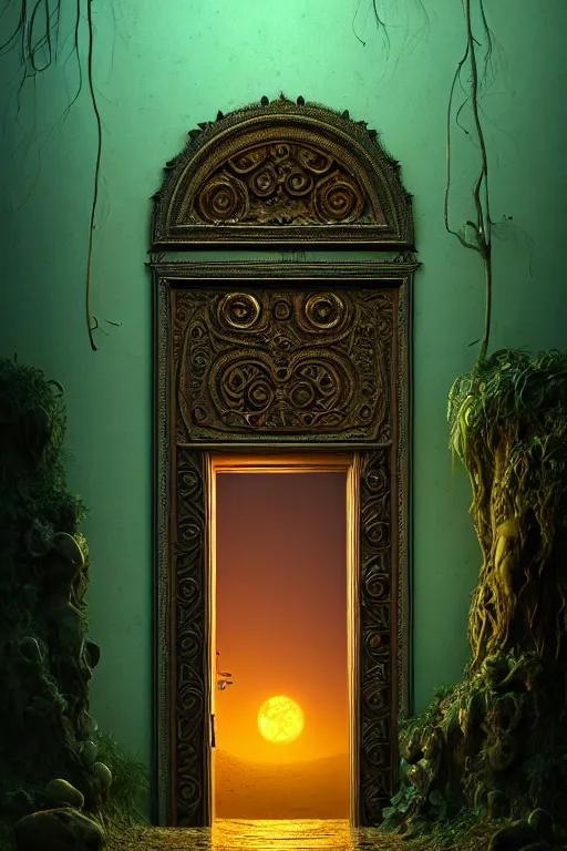 Prompt: ornate doorway leading to a dead god in a desert lush vegetation, warm tones, night, water reflection : : by michal karcz, daniel merriam, victo ngai and guillermo del toro : : ornate, dynamic, particulate, intricate, elegant, highly detailed, centered, artstation, smooth, sharp focus, octane render, 3 d