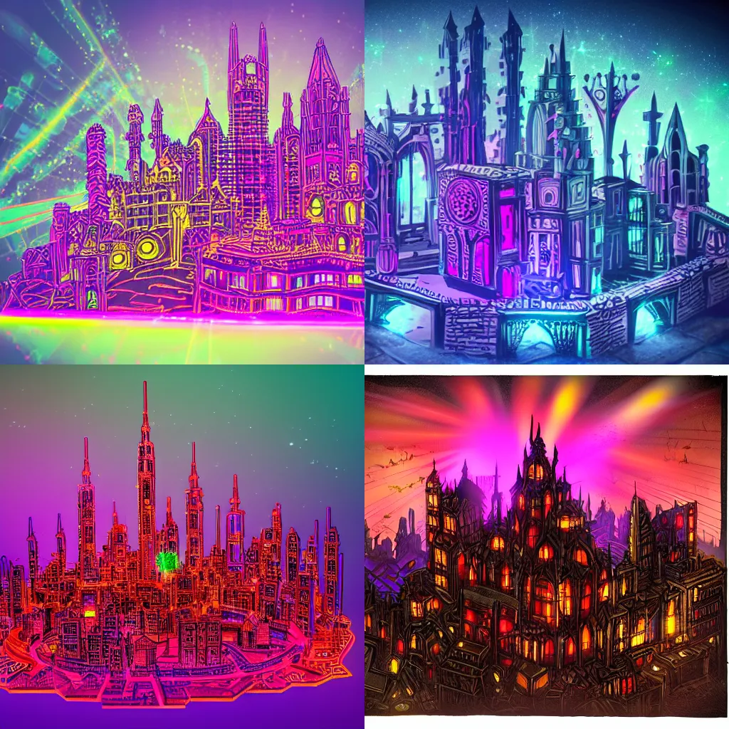 Prompt: colorful and detailed gothic laser city, red and purple lighting