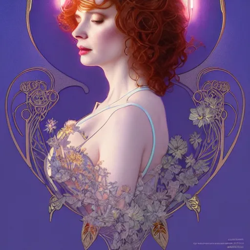 Image similar to christina hendricks wearing a white periwinkle, sci fi, glowing eyes, volumetric lights, gold theme, art nouveau botanicals, intricate, highly detailed, digital painting, artstation, concept art, smooth, sharp focus, cinematic, illustration, beautiful face, art by artgerm and greg rutkowski and alphonse mucha