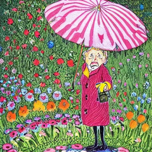 Image similar to an old lady is very excited about an umbrella in her back yard, in the style of Louis wain