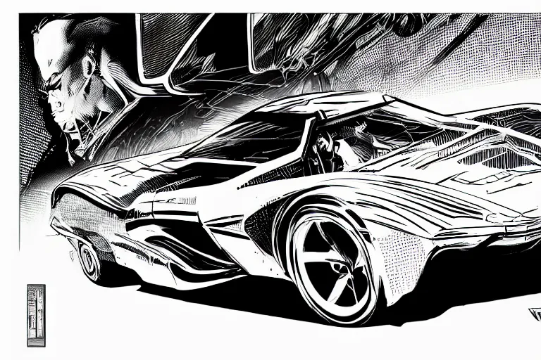 Image similar to ford concept car, a page from cyberpunk 2 0 2 0, style of paolo parente, style of mike jackson, adam smasher, johnny silverhand, 1 9 9 0 s comic book style, white background, ink drawing, black and white