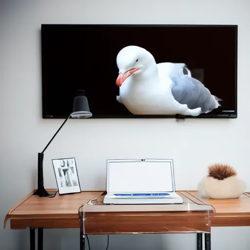 Prompt: an angry seagull typing at a computer in it's bedroom, studio portrait, dramatic background and lighting