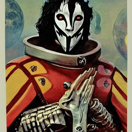 Prompt: Ace Frehley (KISS) as the Spaceman, a high fantasy medieval warrior, high quality, character art, concept art, by Jeffrey Catherine Jones, Michael Whelan and Angus McBride.