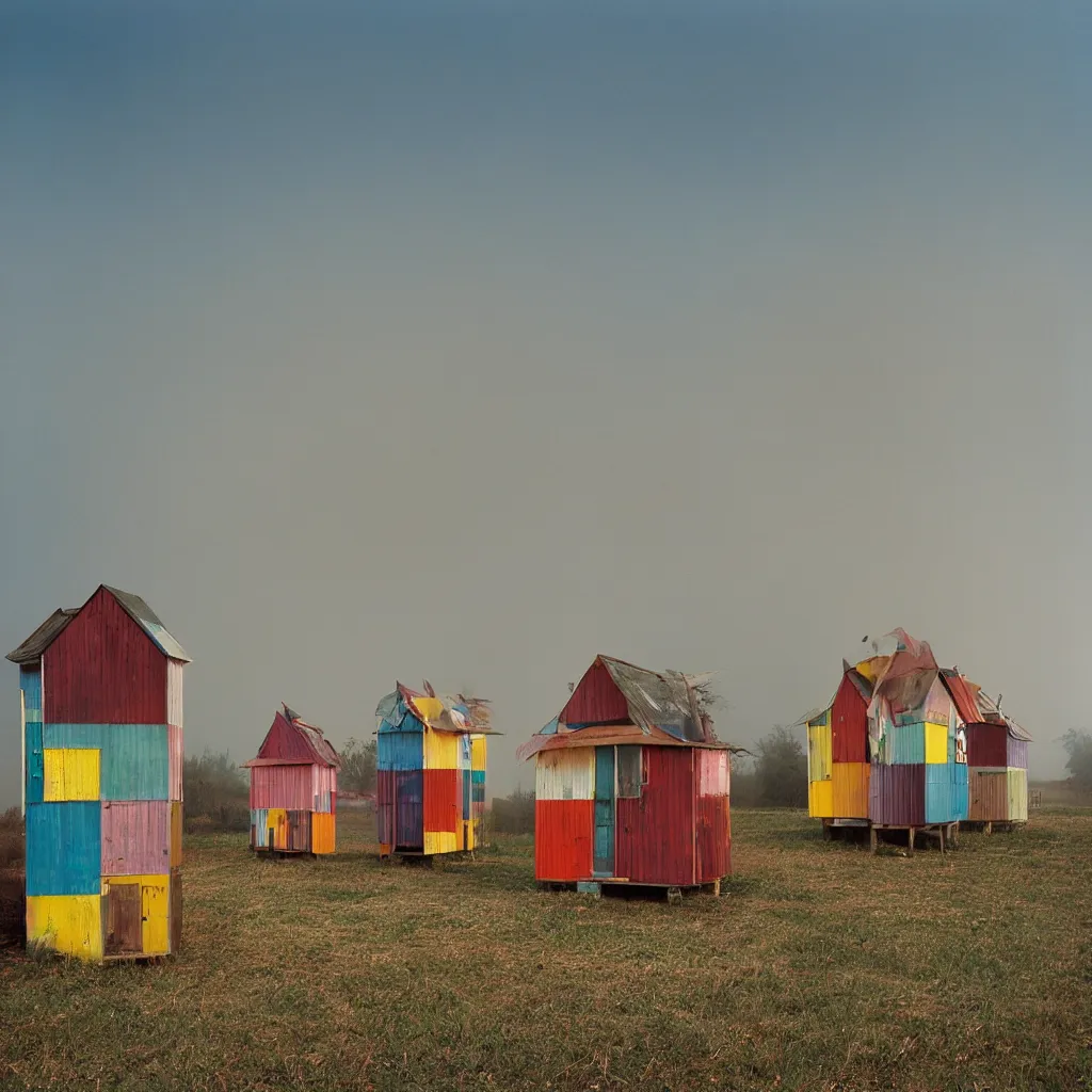 Image similar to two towers, made up of colourful stacked makeshift squatter shacks, bleached colours, plain uniform sky at the back, misty, mamiya, f 1. 8, ultra sharp, very detailed, photographed by julie blackmon