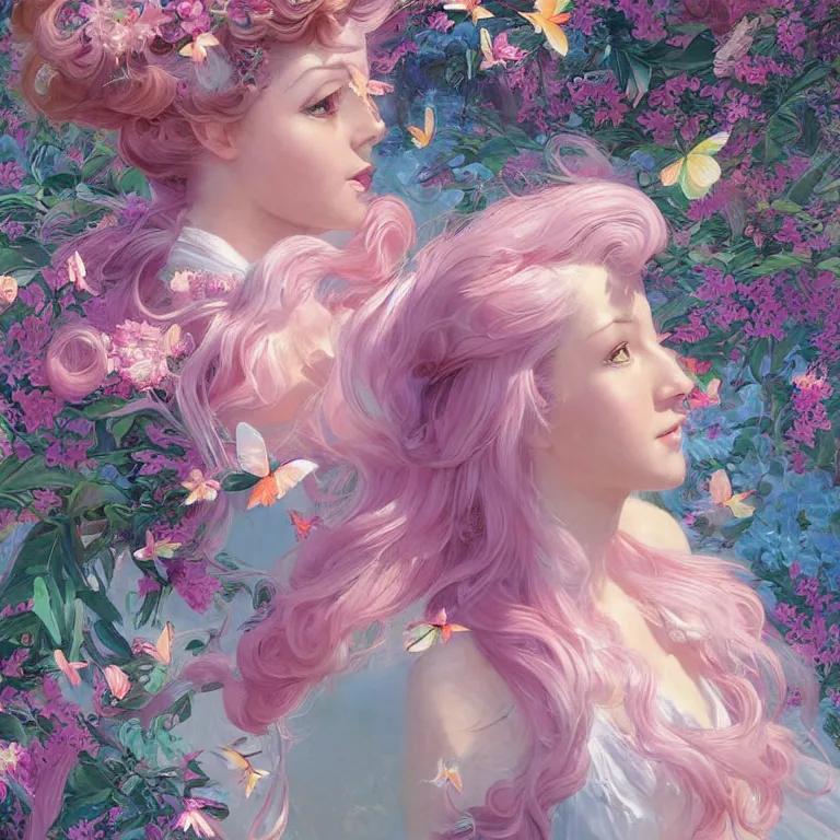 Prompt: harmony of swirly pink haired woman wearing baby blue greek clothes, muted colors, colorful flowers, tropical, sunlight filtering through skin, dynamic hair movement, dynamic pose, glowing butterflies, j. c leyendecker, by alan lee, wlop! illustrated by starember, fantasy art by craig mullins