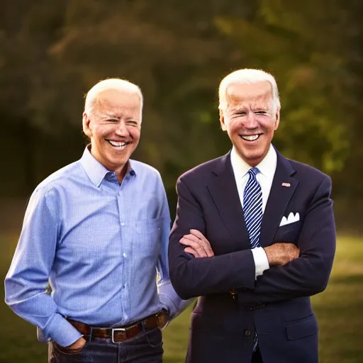 Image similar to A portrait photo of joe biden teams up with a teenage joe biden, perfect faces, 50 mm, award winning photography