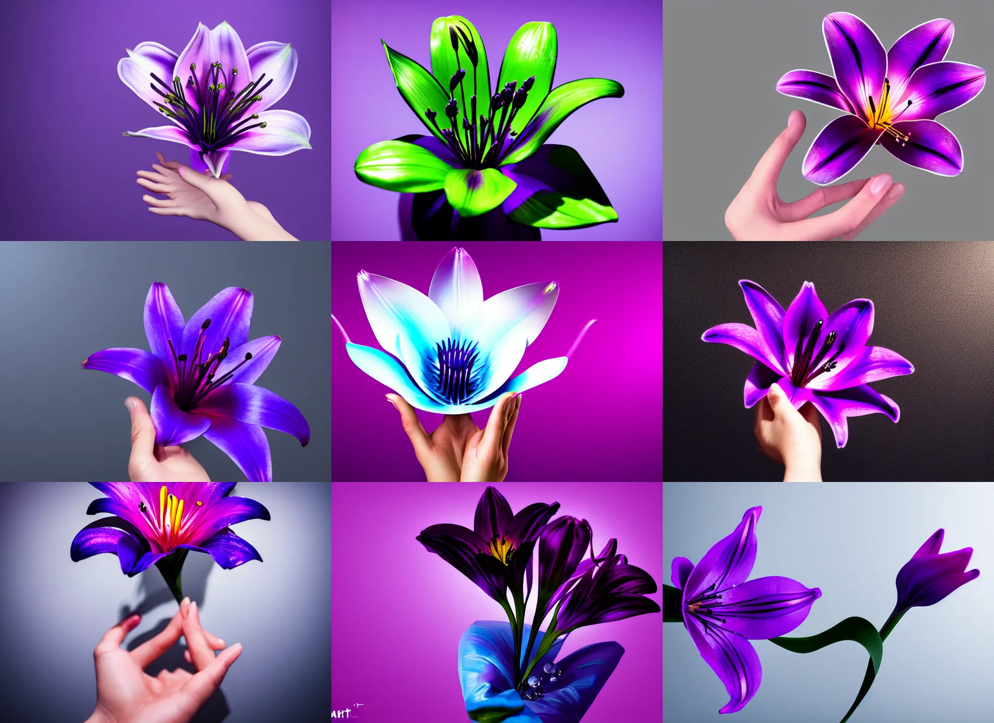 Prompt: cyber lily flower holding in hand, studio photography, black purple studio background, studio lighting, night fill lighting, trending on ArtStation, no surroundings, high detail, ray tracing, 4K, 8K, highly detailed, HDR