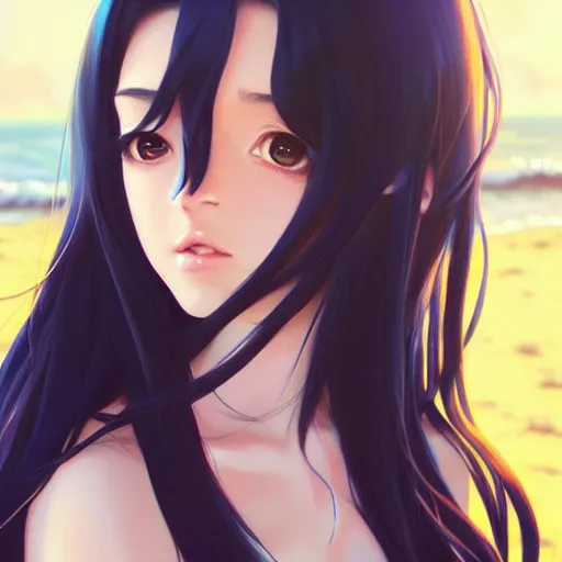 Image similar to beautiful girl with long black hair, on a beach, sunny, daytime, sharp focus, intricate, digital painting, artstation, official media, anime key visual, highly detailed, rich vivid colors, ambient lighting, illustration, art by Artgerm, Makoto Shinkai, Ilya Kuvshinov, Lois Van Baarle, and Rossdraws