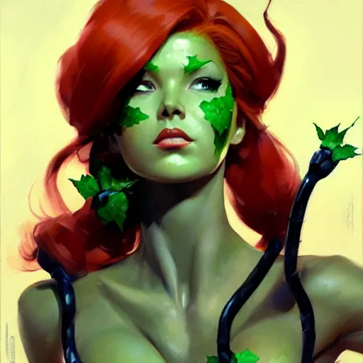 Image similar to Greg Manchess portrait painting of Poison Ivy as Overwatch character, medium shot, asymmetrical, profile picture, Organic Painting, sunny day, Matte Painting, bold shapes, hard edges, street art, trending on artstation, by Huang Guangjian and Gil Elvgren and Sachin Teng