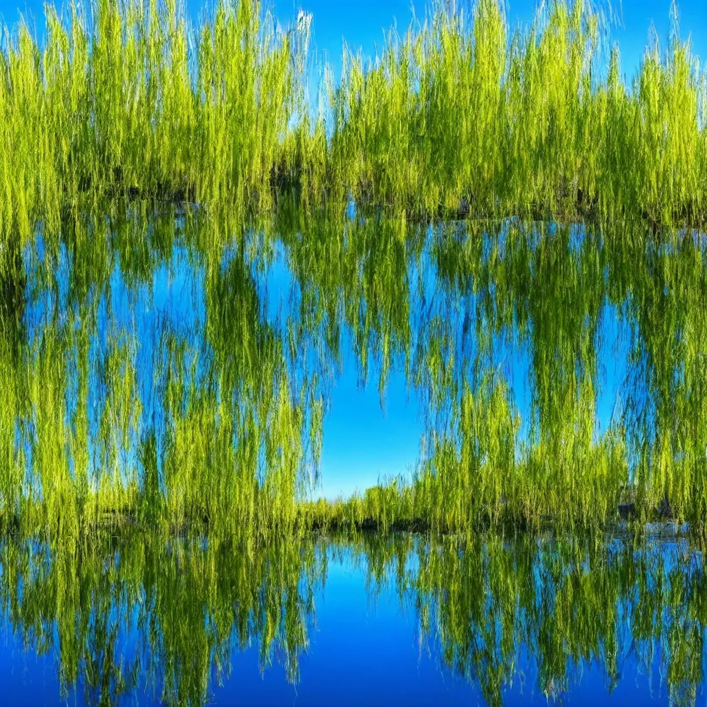 Image similar to beautiful pond seen at water level willow trees and blue sky reflecting in the water