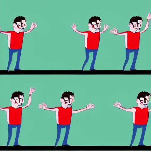 Prompt: a sequence of frames of a cartoon man waving his arm from left to right, separated into equally sized frames from a flip - book animation