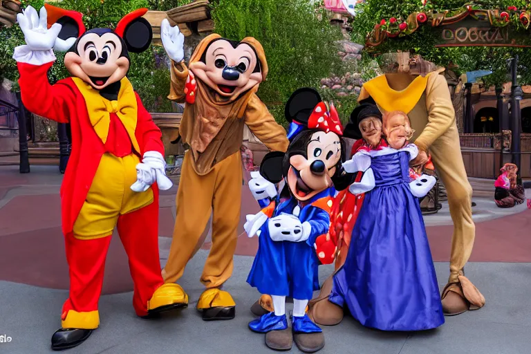 Image similar to an awkward interaction with grossly deformed costumed characters at disneyland. children are terrified. highly detailed, 1 6 k resolution, ultra realistic