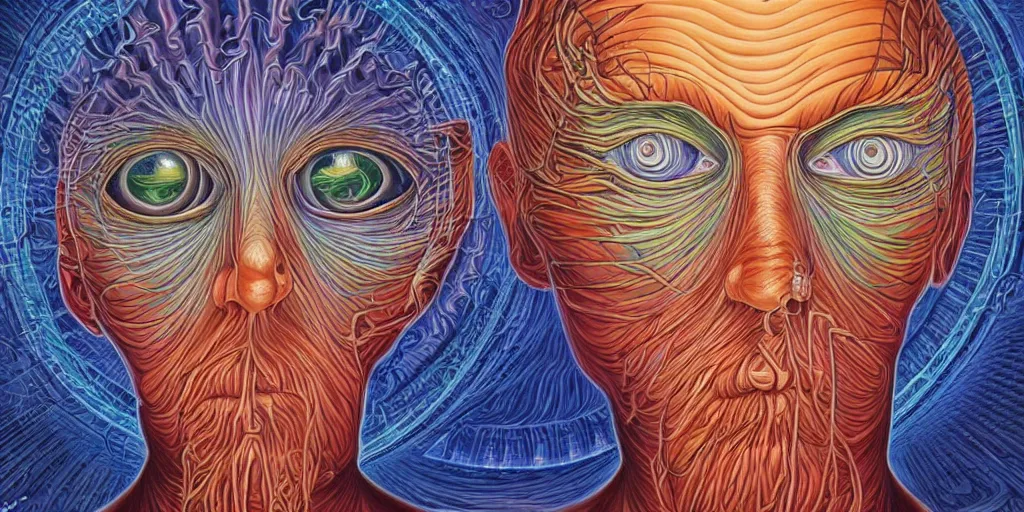 Image similar to a surreal man with his third eye opening by alex grey