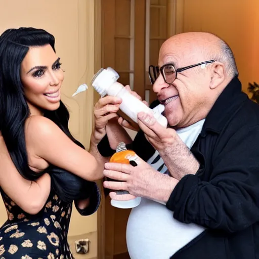 Image similar to kim kardashian feeding danny devito with a baby bottle as he's being held warmly award winning motherly photography