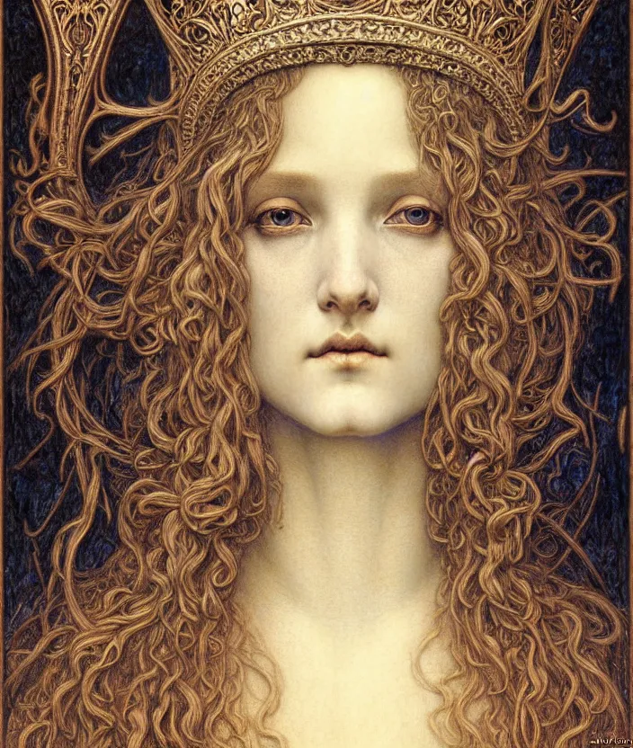 Image similar to detailed realistic beautiful young medieval queen face portrait by jean delville, gustave dore and marco mazzoni, art nouveau, symbolist, visionary, gothic, pre - raphaelite. horizontal symmetry