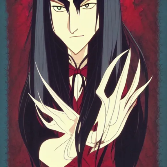 Prompt: vampire lord, long black hair, handsome, disney movie poster, animation, studio ghibli