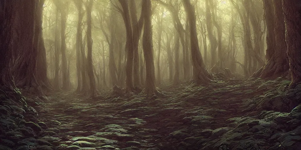 Prompt: artwork of the narrow woods, by john howe & tim white & les edwards, exquisite lighting, clear focus, highly detailed, cinematic view, trending on artstation, exquisite