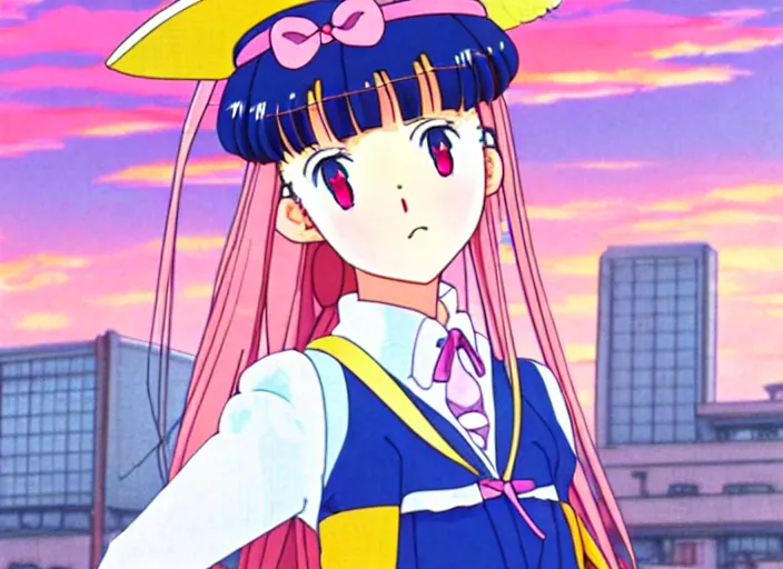 Prompt: anime fine details portrait of joyful school girl Sailor Moon stay in front of big post soviet city buildings, nature, pink sunset, deep bokeh, close-up, anime masterpiece by Studio Ghibli. 8k, sharp high quality classic anime from 2000 in style of Hayao Miyazaki