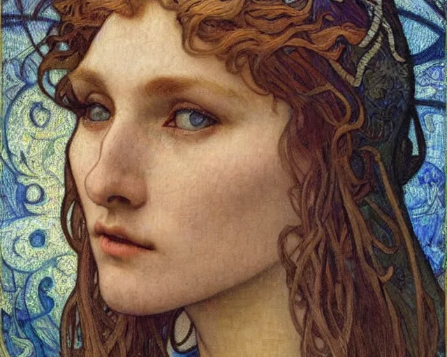 Image similar to detailed realistic beautiful young medieval queen face portrait by jean delville, alphonse mucha, vincent van gogh, and marco mazzoni, art nouveau, symbolist, visionary, gothic, pre - raphaelite