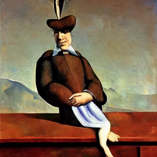 Prompt: Portrait of Norm Macdonald Chipmunk Priest standing atop an office chair whilst brandishing an acorn badge giorgio de chirico salvador dali giotto leonardo da vinci paul cezanne edward hopper
