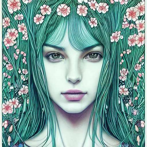 Image similar to the portrait of an incredibly beautiful woman partially made of onions and cherry blossoms, an ultrafine detailed illustration by james jean, final fantasy, intricate linework, bright colors, behance contest winner, vanitas, angular, altermodern, unreal engine 5 highly rendered, global illumination, radiant light, detailed and intricate environment