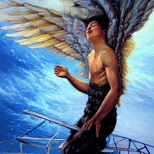 Prompt: beautiful painting by karol bak of a fourteen year old boy with and enormous mechanical wing strapped to his back, standing on the back of a boat in a storm, his arms spread, face looking skyward, wearing only shorts, ready to fly, icarus, winged boy, young teen, rain, clouds, waves, splash,