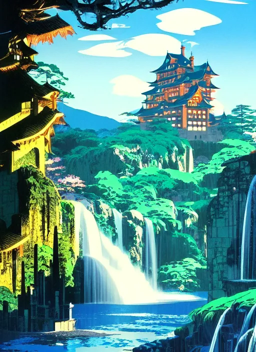 Prompt: magical castle, waterfall, river, scenery wallpaper aesthetic, anime style, beautiful, cinematic, dramatic, super detailed and intricate, hyper realistic, by koson ohara, by darwyn cooke, by hiroshi yoshida