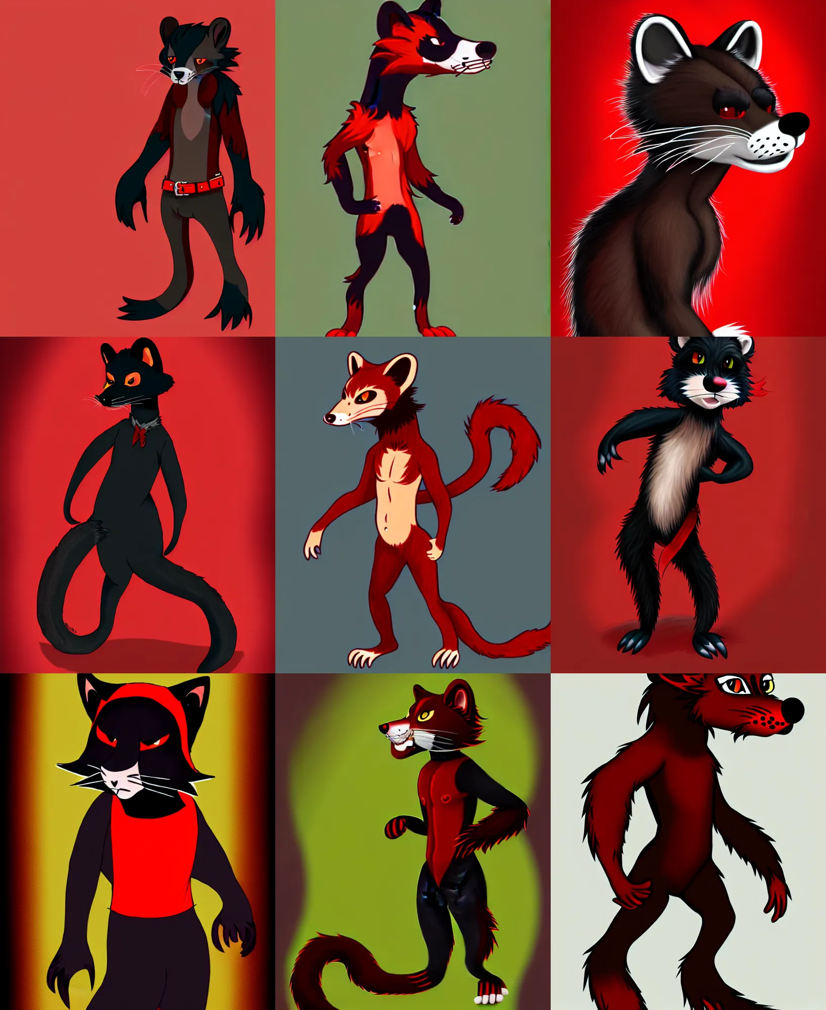 Prompt: fullbody photoshoot portrait of a roguish male red - black weasel furry fursona