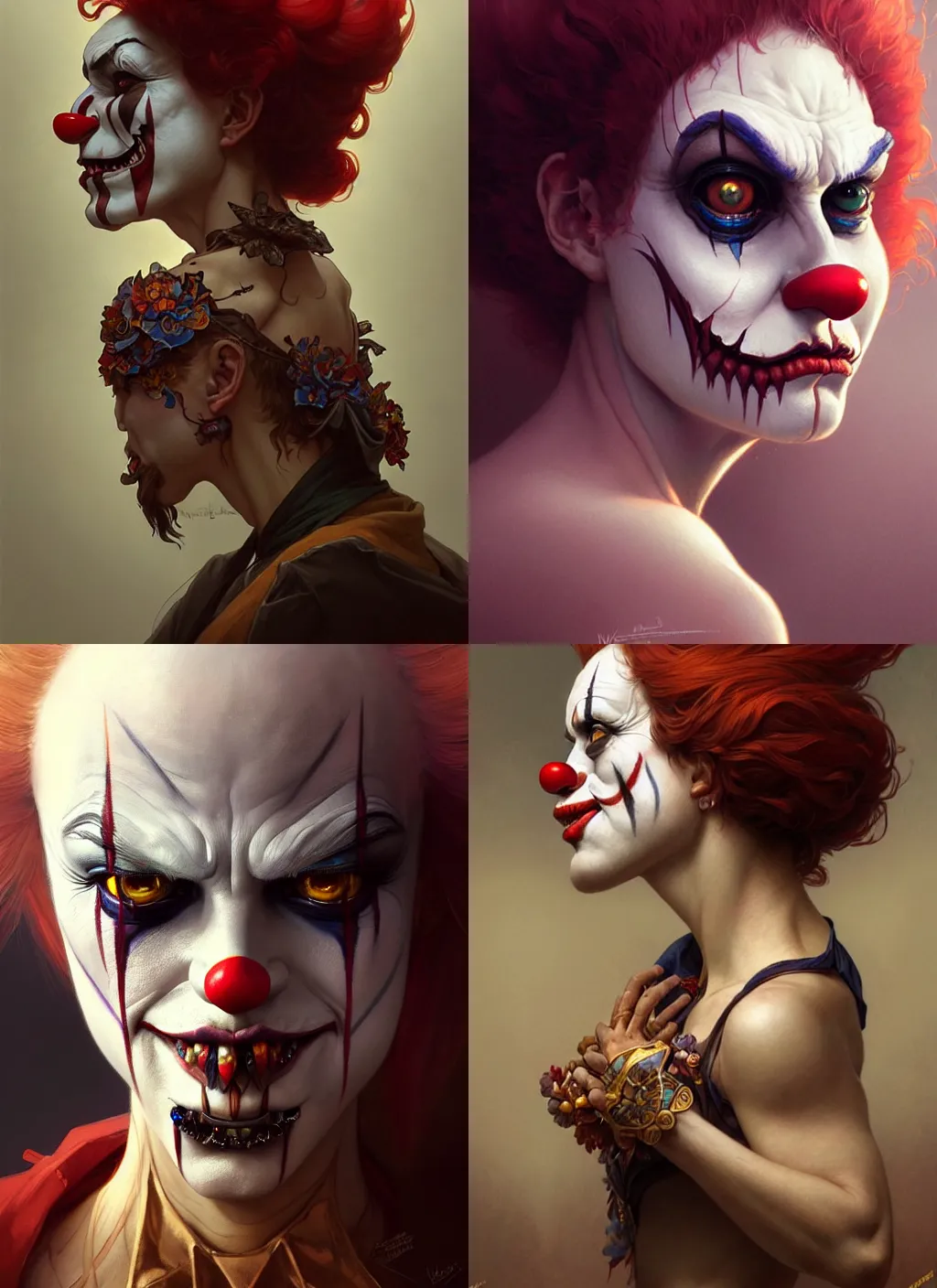 Prompt: a beautiful side portrait of an evil clown, intricate, sharp focus, illustration, highly detailed, digital painting, concept art, matte, art by wlop and artgerm and greg rutkowski and alphonse mucha, masterpiece