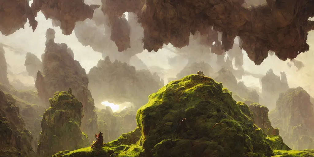 Image similar to huge cave ceiling clouds made of green earth towns, industry, steampunk villages castles, buildings inverted upsidedown mountain artstation illustration sharp focus sunlit vista painted by ruan jia raymond swanland lawrence alma tadema zdzislaw beksinski norman rockwell tom lovell alex malveda greg staples