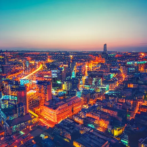 Prompt: City postsoviet area view from skyscraper roof in neon light on a wide angle camera