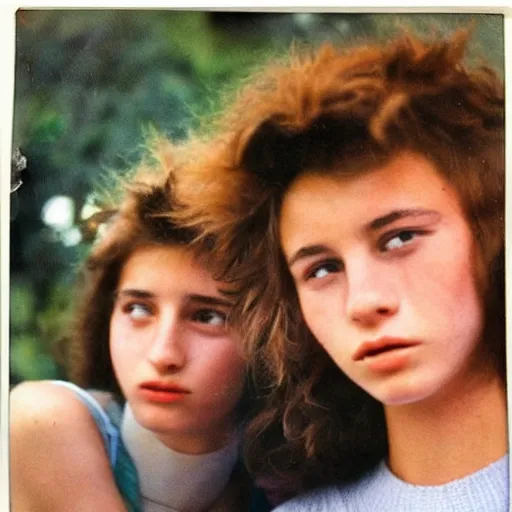 Image similar to French teenagers in the 80's, flash color polaroid, detailed realistic faces