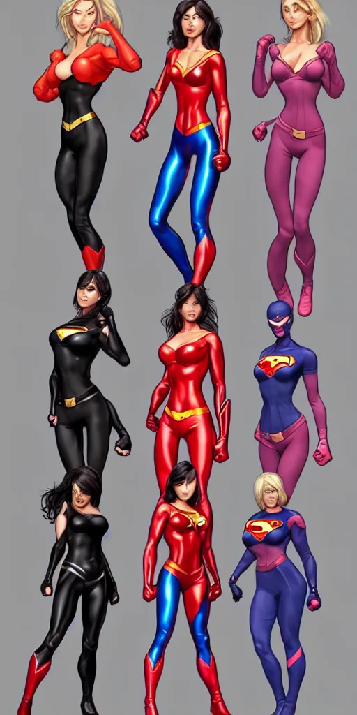Prompt: a ultra detailed group of women super hero's in tight fitting clothes, very cute, very hot, trending on artstation.