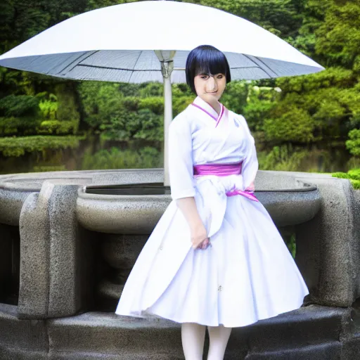 Prompt: a full body portrait of a young woman in Japanese maid uniform standing in front of a fountain in a park, 8k, cinematic, photo taken with Sony a7R camera, by William-Adolphe