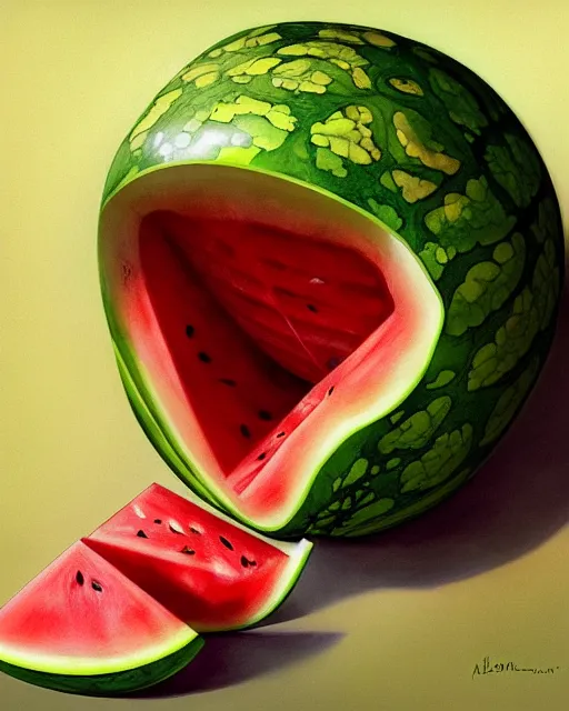 Image similar to a watermelon womb, baby in a transparent watermelon womb, gestation inside a watermelon, transparent, highly detailed, digital painting, artstation, concept art, smooth, sharp focus, illustration, art by artgerm and greg rutkowski and alphonse mucha