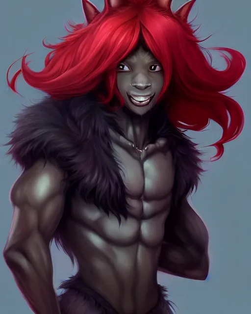 Image similar to character concept art of a black anthropomorphic furry male wolf with long red hair | | cute - fine - face, pretty face, key visual, realistic shaded perfect face, fine details by stanley artgerm lau, wlop, rossdraws, james jean, andrei riabovitchev, marc simonetti, and sakimichan, trending on artstation