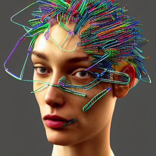 Image similar to hyper realistic woman with a weird head piece on her head, made of paperclips, made of insects, made of feathers, hybrid, bold natural colors, panfuturism, masterpiece, trending on artstation, photograph