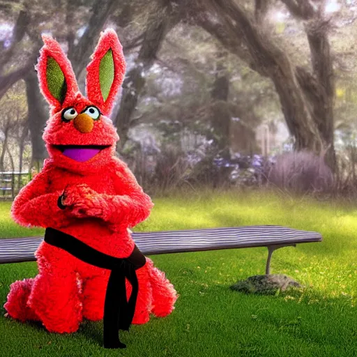 Prompt: an extremely fluffy muppet with rabbit ears and wearing a dark ninja robe with a red belt and practicing her meditation in nature on a park bench, photorealistic, photography, ambient occlusion, rtx, national geographic, sesame street