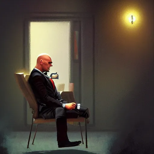 Image similar to agent 4 7 with a silenced pistol approaching a man in a chair, by marc simonetti