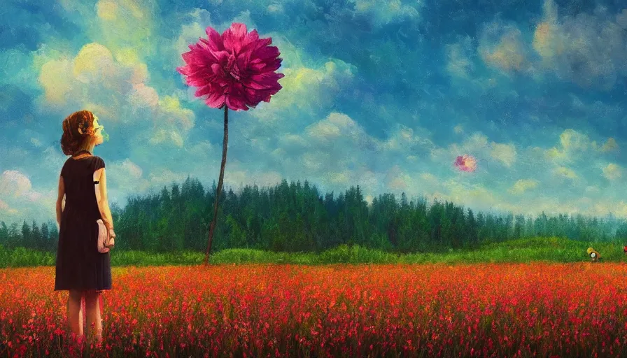 Image similar to girl with a large flower instead of face, surreal photography, dream, standing in flower field, hills, big trees, sunrise dramatic light, impressionist painting, colorful clouds, digital painting, pointillism, artstation, simon stalenhag, flower face