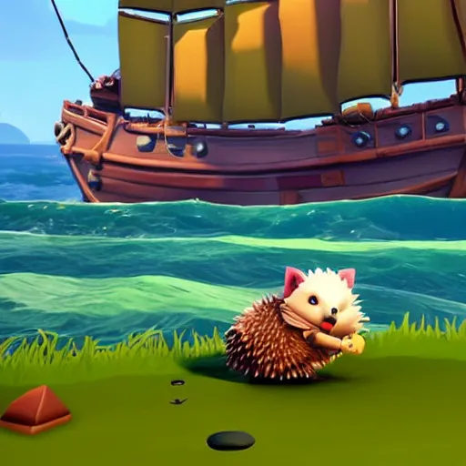 Image similar to hedgehog playing golf in sea of thieves, cute, colourful, happy, adorable