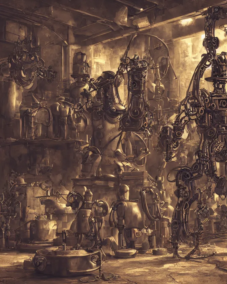 Prompt: steampunk robot blacksmith scene photorealistic octane render 4 k vibrant colors realistic proportions