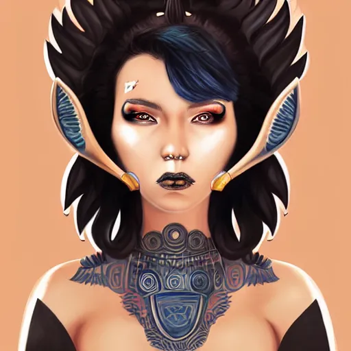 Image similar to illustrated realistic portrait of ram-horned devil woman with blue bob hairstyle and her tan colored skin and with solid black eyes wearing leather by rossdraws