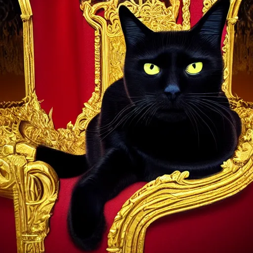 Image similar to A regal portrait as a black cat with a golden crown on a throne, photorealism, hyper detailed, volumetric lighting