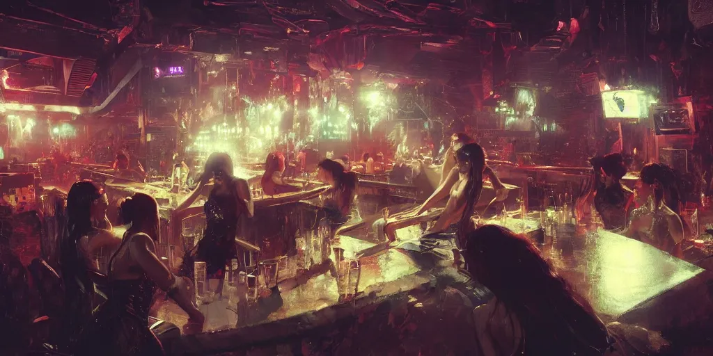 Prompt: Women hanging at the night club, Greg Rutkowski, Frank Miller, trending on Artstation, 8K, ultra wide angle, establishing shot, pincushion lens effect, zenith view