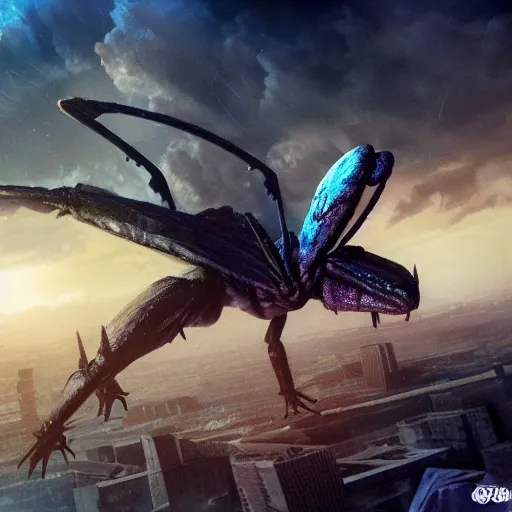 Image similar to a mantis kaiju with spread wings attacking a city, legendary epic shot, blade runner, low camera angle, dawn, by artgerm, ed repka, cloverfield movie, julie bell, beeple and Greg Rutkowski, airbrush, science fantasy, 50s, concept art, matte painting, Smooth gradients, octane render, 8k, High contrast, duo tone, depth of field, volumetric lightning, very coherent artwork