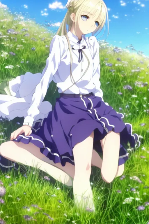 Prompt: anime art full body portrait character concept art, anime key visual of violet evergarden, blonde braids and blue eyes, white shirt and green skirt, finely detailed perfect face delicate features directed gaze, laying down in the grass at sunset in a valley, trending on pixiv fanbox, violet evergarden, studio ghibli, extremely high quality artwork