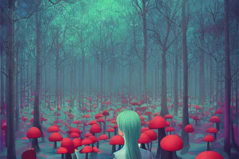 Image similar to beautiful wonderland digital illustration by ilya kuvshinov : 1 | colorful surreal psychedelic mushroom forest by beeple : 1 | people, faces, figures, humans, man, woman, boy, girl : - 1